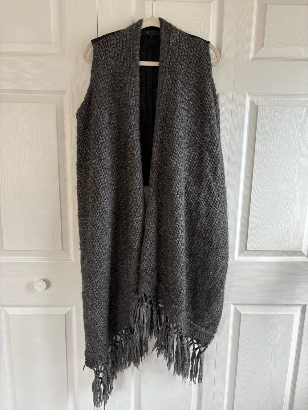 Rag&Bone Grey Open Front Knit Tessel Vest Cardigan L Wool Teacher Boho Grunge